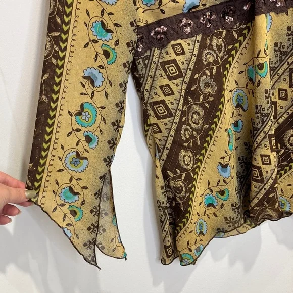 Brown Boho Y2K V-Neck Bell Sleeve Blouse M - Picture 4 of 14